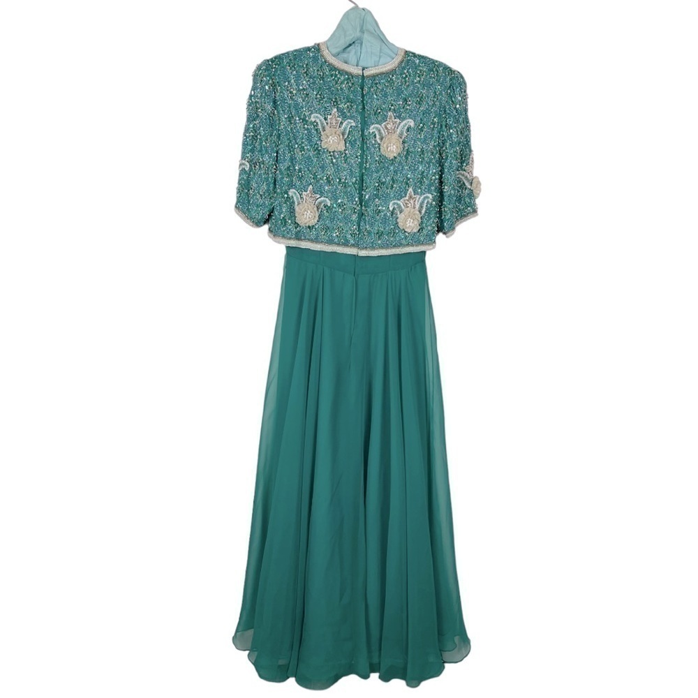 VINTAGE RICHILENE 70S SILK CHIFFON BEAD EMBELLISHED AQUA FORMAL EVENING GOWN - Picture 5 of 16